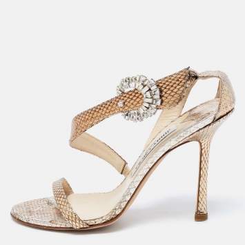 Pre Owned Jimmy Choo Metallic Gold Python Embossed Leather Crystal Embellished Ankle Strap Sandals Size 36