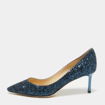 Pre Owned Jimmy Choo Navy Blue Coarse Glitter Romy Pumps Size 35