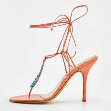 Pre Owned Jimmy Choo Orange Leather Crystal Embellished Ankle Wrap Sandals Size 40