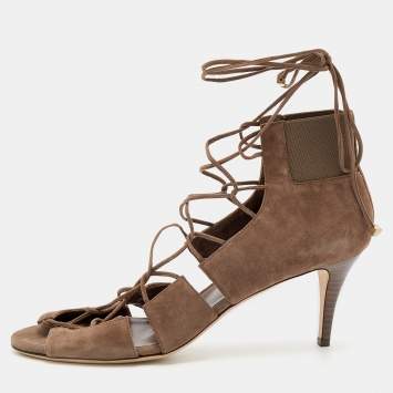 Pre Owned Jimmy Choo Dark Khaki Suede Myrtle Ankle Wrap Sandals Size 40