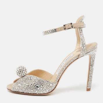 Pre Owned Jimmy Choo Silver Suede And Crystal Embellished Leather Sacora Ankle Strap Sandals Size 36.5