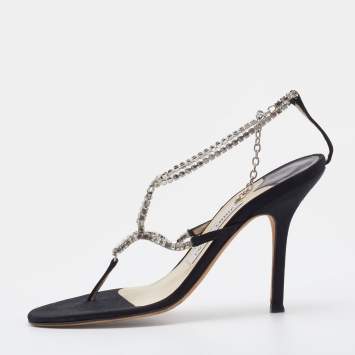 Pre Owned Jimmy Choo Silver/Black Crystals And Satin Strappy Sandals Size 38