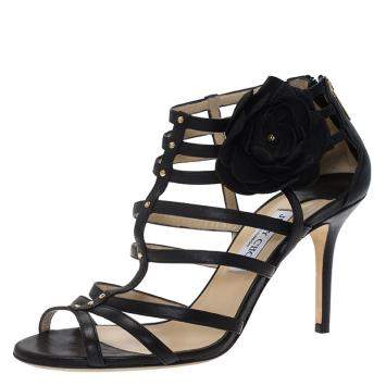 Pre Owned Jimmy Choo Black Leather Opaque Flower Detail Cage Sandals Size 40