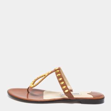 Pre Owned Jimmy Choo Brown Leather Crystal Embellished Thong Flats Size 39