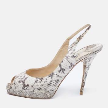 Pre Owned Jimmy Choo White/Black Snakeskin Peep Toe Slingback Sandals Size 41.5