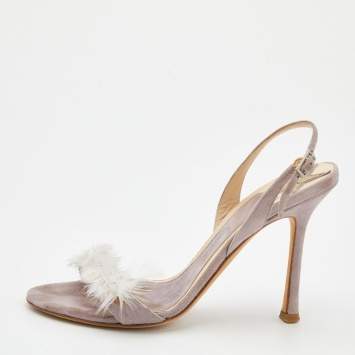 Pre Owned Jimmy Choo Light Lilac Feather And Suede Slingback Sandals Size 37.5