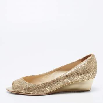 Pre Owned Jimmy Choo Metallic Gold Glitter Fabric Baxen Peep Toe Wedges Pumps Size 39