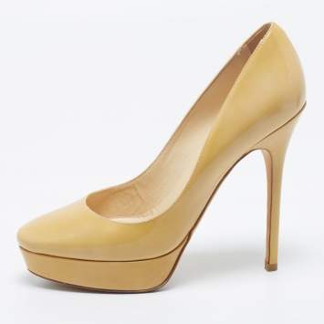 Pre Owned Jimmy Choo Light Yellow Patent Leather Cosmic Platform Pumps Size 37.5