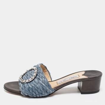 Pre Owned Jimmy Choo Blue Raffia Granger Slide Sandals Size 38.5