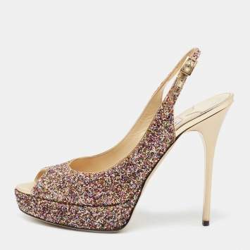 Pre Owned Jimmy Choo Multicolor Coarse Glitter Verity Peep-Toe Platform Slingback Sandals Size 39