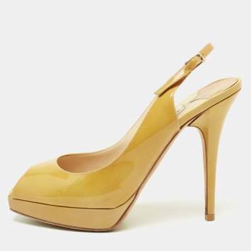 Pre Owned Jimmy Choo Yellow Patent Leather Nova Peep-Toe Platform Slingback Sandals Size 38