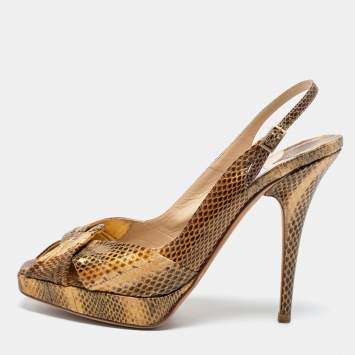 Pre Owned Jimmy Choo Brown/Beige Python Embossed Leather Peep Toe Slingback Pumps Size 38