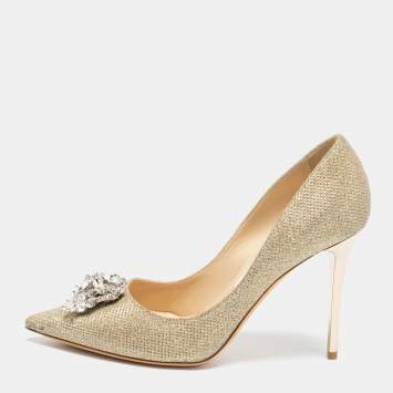 Pre Owned Jimmy Choo Metallic Gold Lamè Fabric Mamey Crystal Embellished Pointed Toe Pumps Size 37