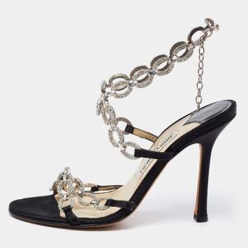 Pre Owned Jimmy Choo Black Satin Crystal Embellished Sandals Size 37