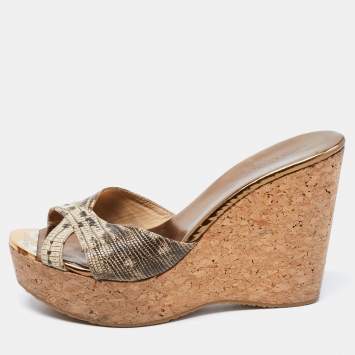 Pre Owned Jimmy Choo Metallic Lizard Embossed Leather Pandora Cork Wedges Size 39