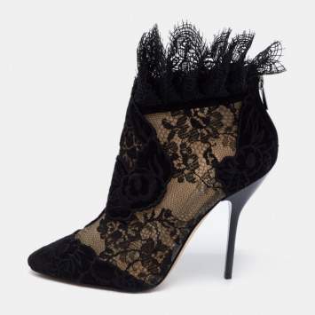 Pre Owned Jimmy Choo Black Lace and Suede Floral Embroidered Kamaris Ankle Booties Size 38