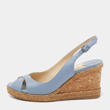 Pre Owned Jimmy Choo Blue Leather Amely Slingback Cork Wedge Sandals Size 37.5