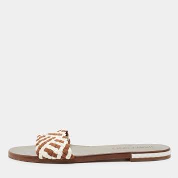 مملوكة مسبقًا Jimmy Choo Brown/White Woven Slide Sandals Size 41