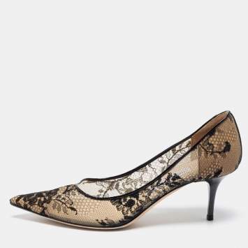 Pre Owned Jimmy Choo Black Patent Leather And Lace Romy Pumps Size 37