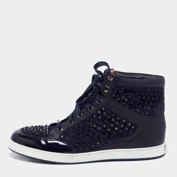 Pre Owned Jimmy Choo Navy Blue Leather and Suede Studded Tokyo High-Top Sneakers Size 39.5