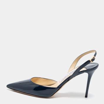 Pre Owned Jimmy Choo Navy Blue Patent Leather Tarida Slingback Sandals Size 39