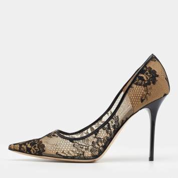 Pre Owned Jimmy Choo Black Lace And Patent Leather Abel Pumps Size 38.5