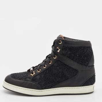 Pre Owned Jimmy Choo Black Lace and Leather Tokyo High Top Sneakers Size 34.5