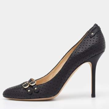 مملوكة مسبقًا Jimmy Choo Black Perforated Leather Buckle Detail Pumps Size 37.5