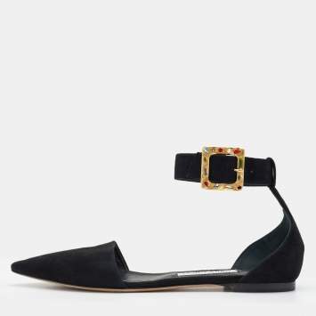 Pre Owned Jimmy Choo Black Suede Jewelled Buckle Pointed Toe Halina Flat Ankle Strap Sandals Size 39