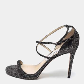 Pre Owned Jimmy Choo Black Glitter Suede Ankle-Strap Sandals Size 39