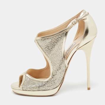 Pre Owned Jimmy Choo Metallic Gold Leather Crystal-embellished Sandals Size 39