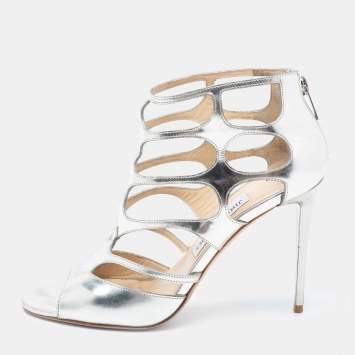 Pre Owned Jimmy Choo Silver Leather Open-Toe Cut-Out Strappy Sandals Size 38