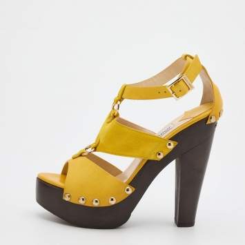 Pre Owned Jimmy Choo Yellow Suede And Leather United Platform Ankle Strap Sandals Size 40