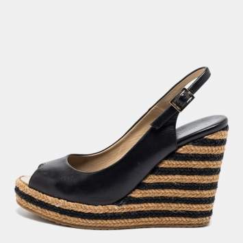 Pre Owned Jimmy Choo Black Leather Espadrille Wedge Platform Slingback Sandals Size 39