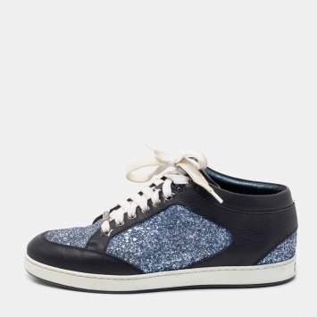 Pre Owned Jimmy Choo Blue Glitter And Leather Low Top Sneakers Size 38