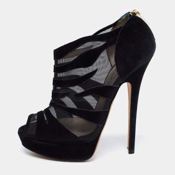 Pre Owned Jimmy Choo Black Suede and Mesh Peep-Toe Platform Ankle Booties Size 39