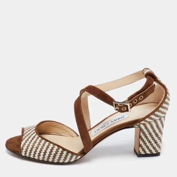 مملوكة مسبقًا Jimmy Choo Brown/Cream Raffia And Suede Ankle Strap Sandals Size 35.5