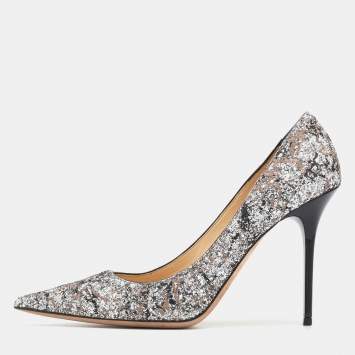Pre Owned Jimmy Choo Metallic Silver Coarse Glitter Romy Pointed Toe Pumps Size 39.5