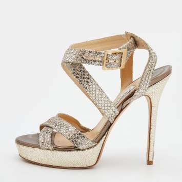 Pre Owned Jimmy Choo Metallic Gold/Silver Glitter Vamp Platform Strappy Sandals Size 37.5