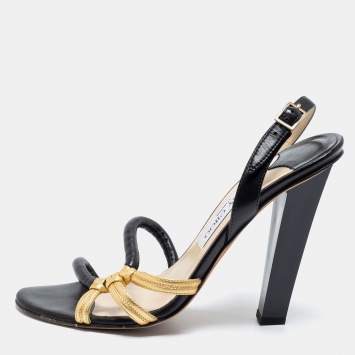 Pre Owned Jimmy Choo Black/Gold Leather Slingback Sandals Size 38