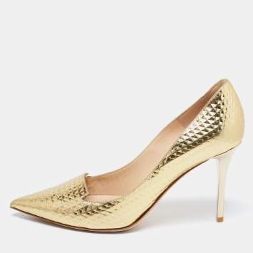 Pre Owned Jimmy Choo Metallic Gold Textured Leather Pointed Toe Pumps Size 37