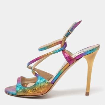Pre Owned Jimmy Choo Multicolor Python Embossed Leather Ankle Strap Sandals Size 38.5