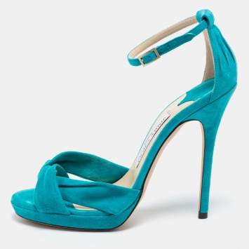 Pre Owned Jimmy Choo Turquoise Blue Suede Ankle Strap Sandals Size 38