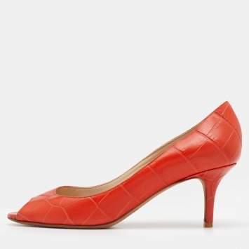 Pre Owned Jimmy Choo Orange Croc Embossed Leather Comet Peep Toe Pumps Size 37