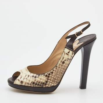 Pre Owned Jimmy Choo Beige/Brown Python and Leather Open Toe Slingback Sandals Size 39
