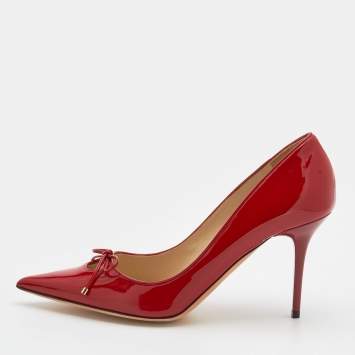 Pre Owned Jimmy Choo Red Patent Leather Bow Pumps Size 39.5