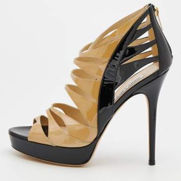 Pre Owned Jimmy Choo Beige/Black Patent Leather Strappy Platform Sandals Size 39