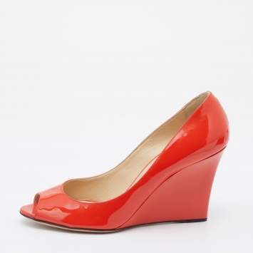 Pre Owned Jimmy Choo Orange Patent Leather Wedge Peep Toe Pumps Size 39