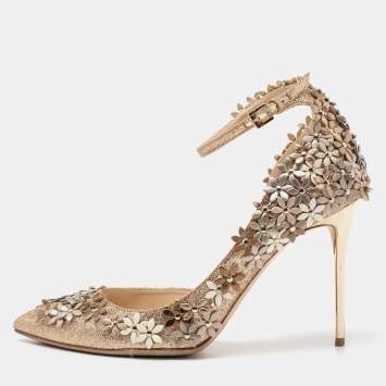 Pre Owned Jimmy Choo Gold Glitter Floral Embellished Ankle Strap Pumps Size 38.5