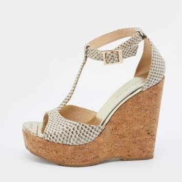 Pre Owned Jimmy Choo Beige Python Embossed Leather Pela Cork Wedge T-Strap Sandals Size 36